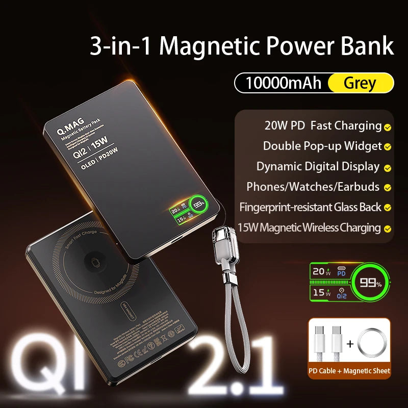 Charger: 10000mAh Magnetic Battery: Fast Qi2 Wireless Charging for Apple