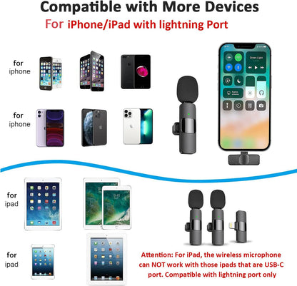 Wireless Lavalier Microphone; iPhone Clip-On Mic for Vlogging, YouTube & Recording