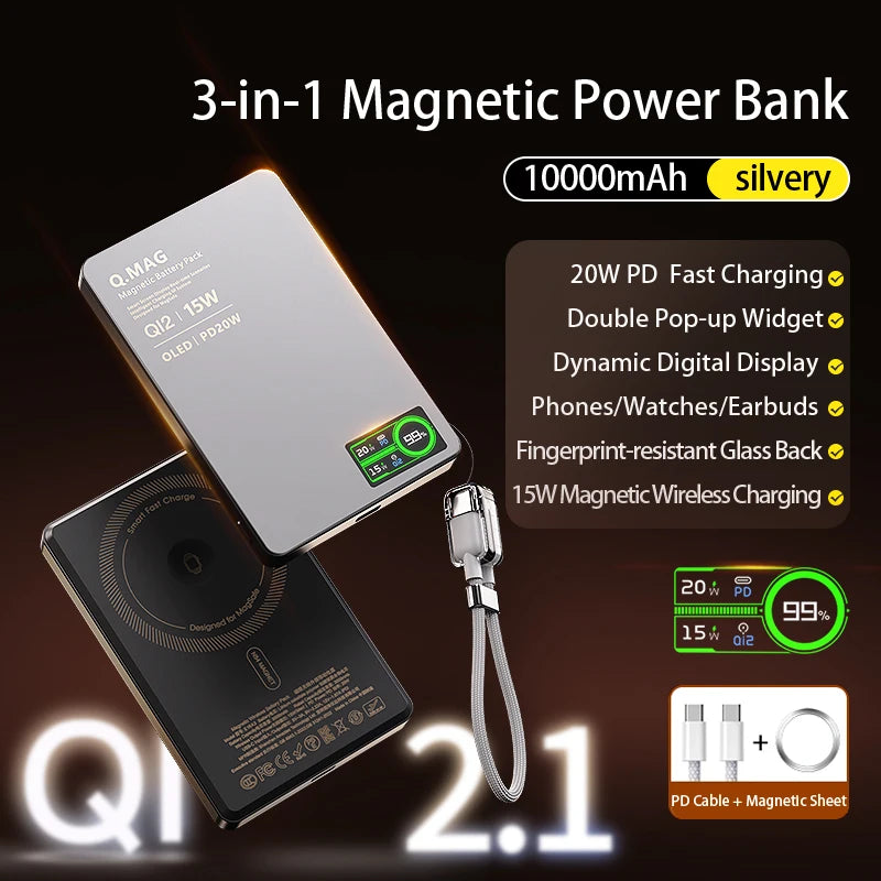 Charger: 10000mAh Magnetic Battery: Fast Qi2 Wireless Charging for Apple